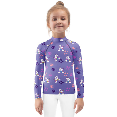 Girls purple long sleeve rash guard swim shirt with upf 50 plus featuring playful white panda rainbows hearts and paw prints
