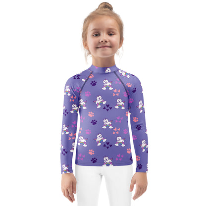 Girls Purple Caticorn Long Sleeve Rash Guard Swim Shirt With UPF 50+