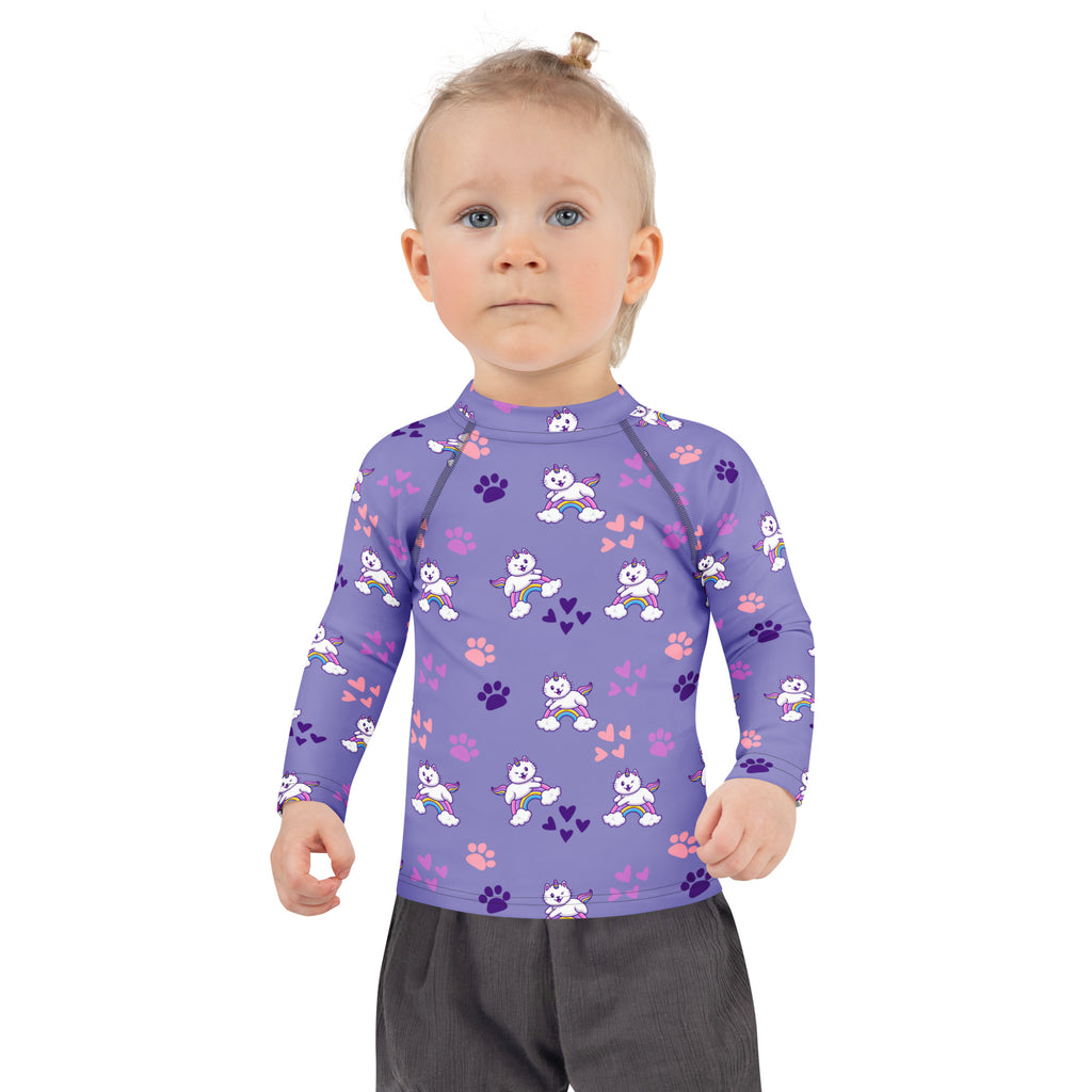 Girls purple caticorn long sleeve rash guard swim shirt with UPF 50 and playful white cartoon dogs pattern