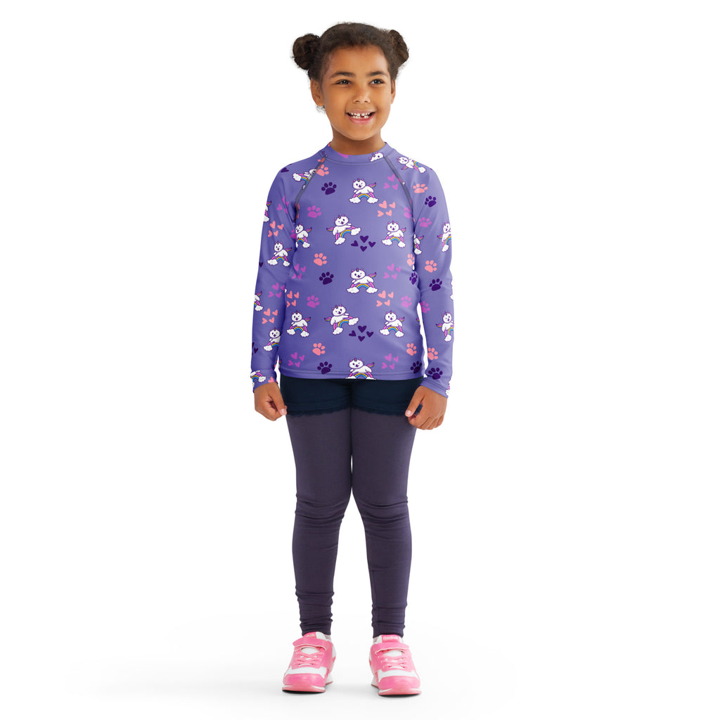 Girls purple long sleeve rash guard swim shirt with white cartoon dogs pink paw prints bows and UPF 50+ protection