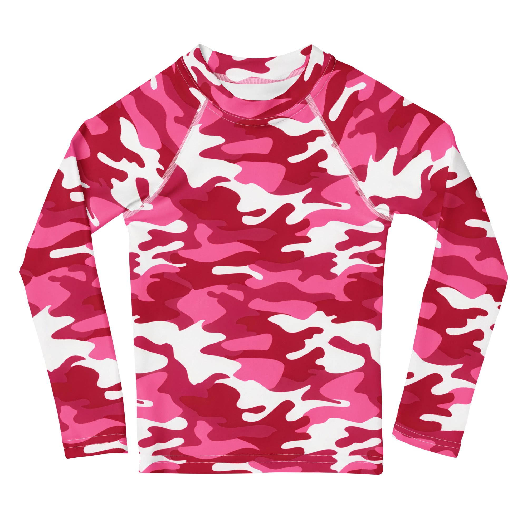 Girls pink camouflage long sleeve rash guard swim shirt with upf 50 plus featuring vibrant pink and white camo pattern