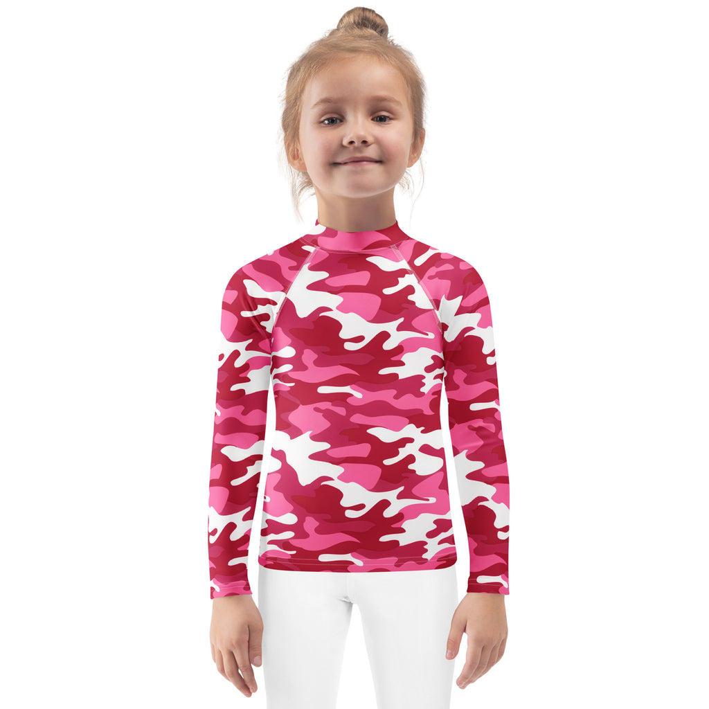 Girls pink and white camouflage long sleeve rash guard swim shirt with upf 50 plus for sun protection