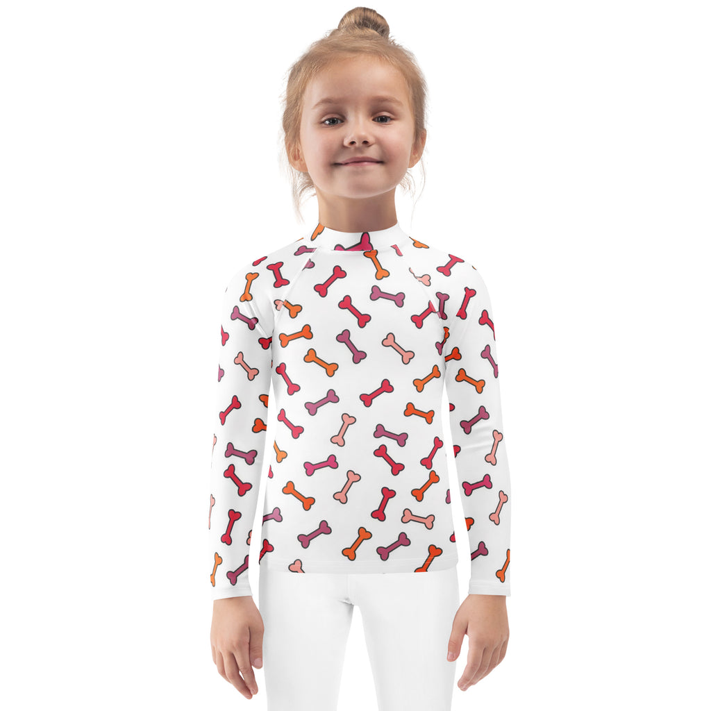 Kids dog bone long sleeve rash guard swim shirt with upf 50 plus white with multicolored bone pattern