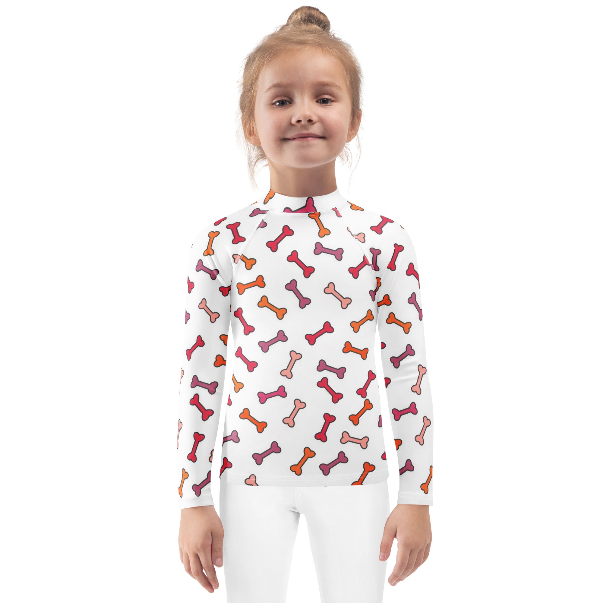 Kids dog bone long sleeve rash guard swim shirt with upf 50 plus white with multicolored bone pattern