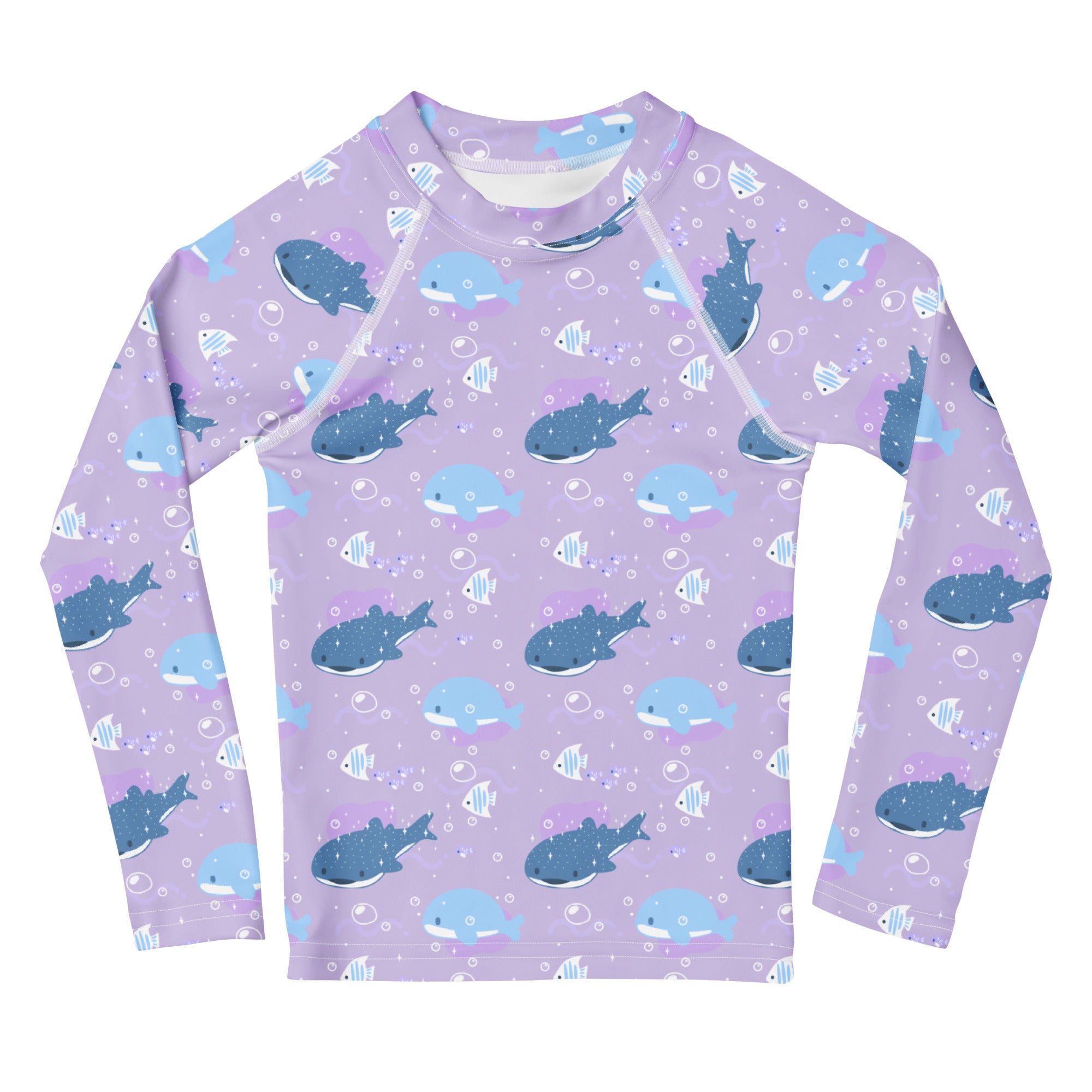 Girls purple long sleeve rash guard swim shirt with UPF 50 plus featuring blue and gray sharks and white fish pattern