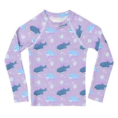 Girls Purple Whale Shark Long Sleeve Rash Guard Swim Shirt With UPF 50+