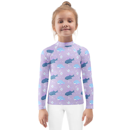Girls Purple Whale Shark Long Sleeve Rash Guard Swim Shirt With UPF 50+