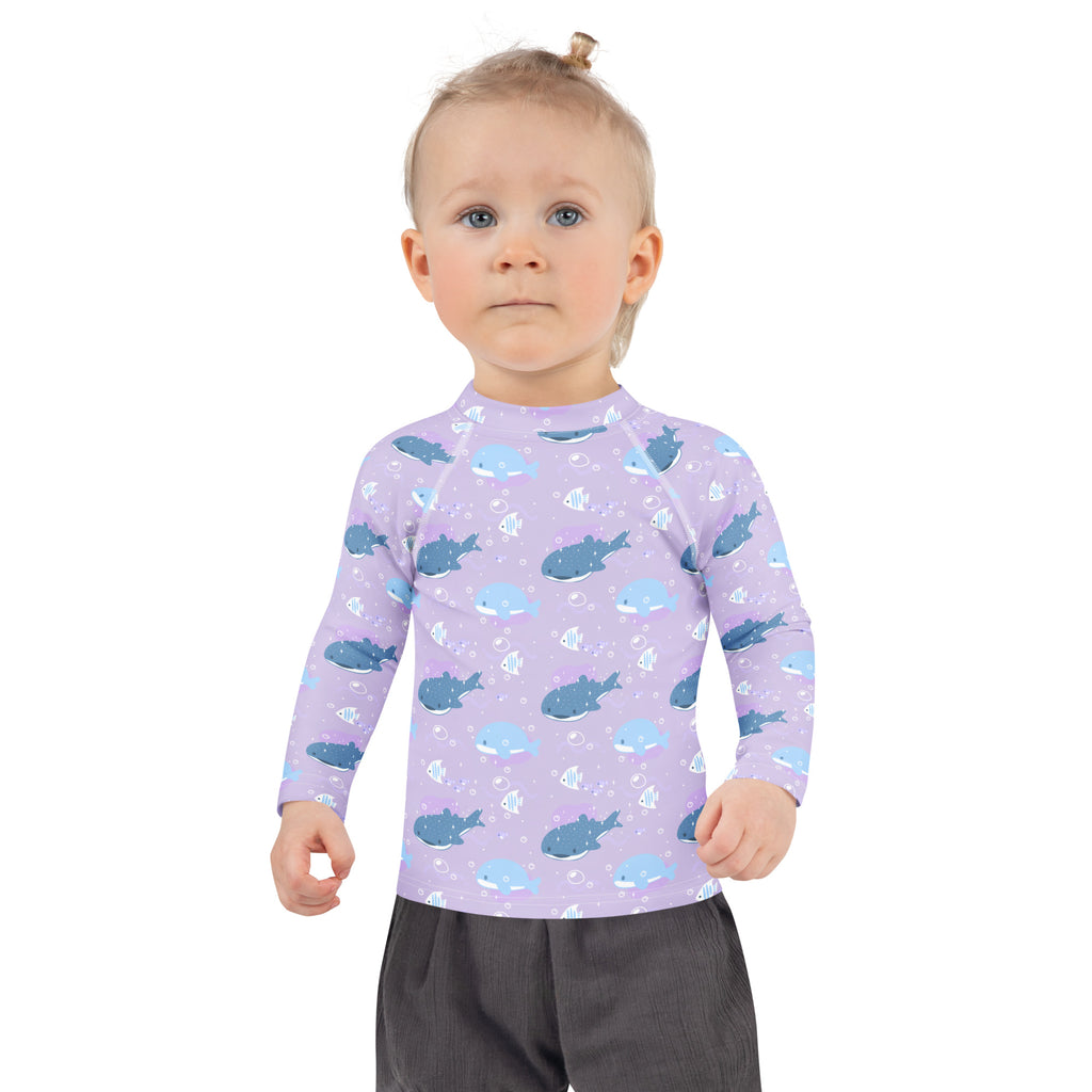 Girls purple whale shark long sleeve rash guard swim shirt with UPF 50 plus featuring blue whales and fish pattern
