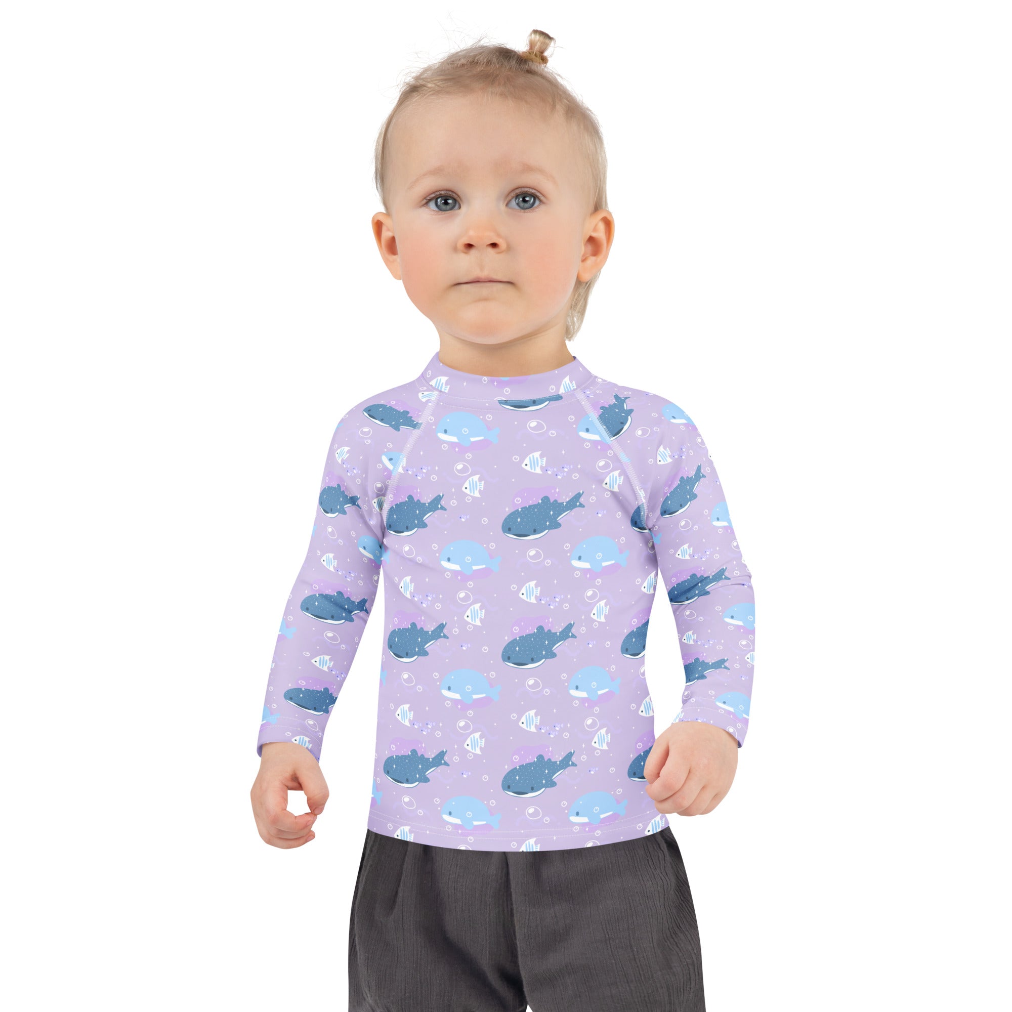 Girls purple whale shark long sleeve rash guard swim shirt with UPF 50 plus featuring blue whales and fish pattern