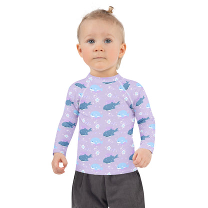 Girls Purple Whale Shark Long Sleeve Rash Guard Swim Shirt With UPF 50+