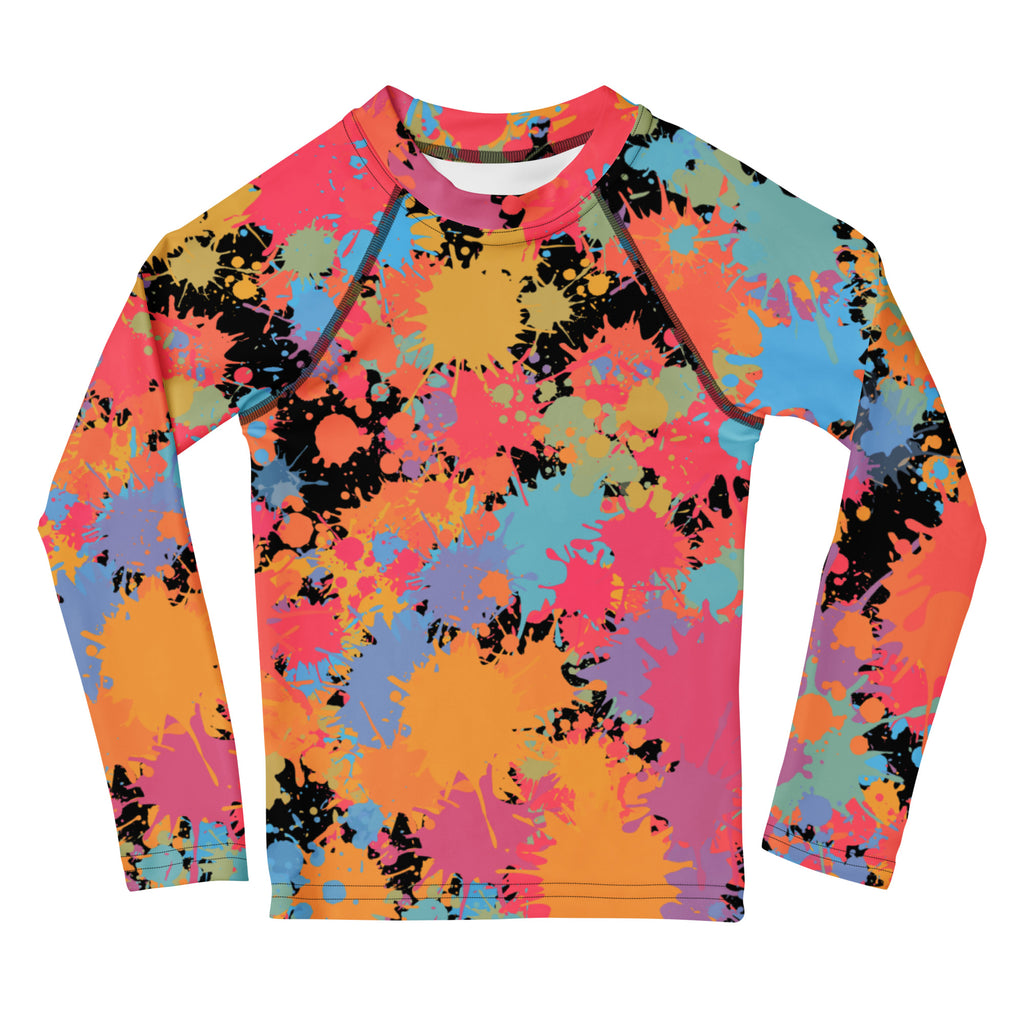 Vibrant kids paint splatter long sleeve rash guard swim shirt with upf 50 plus in pink orange blue and black colors