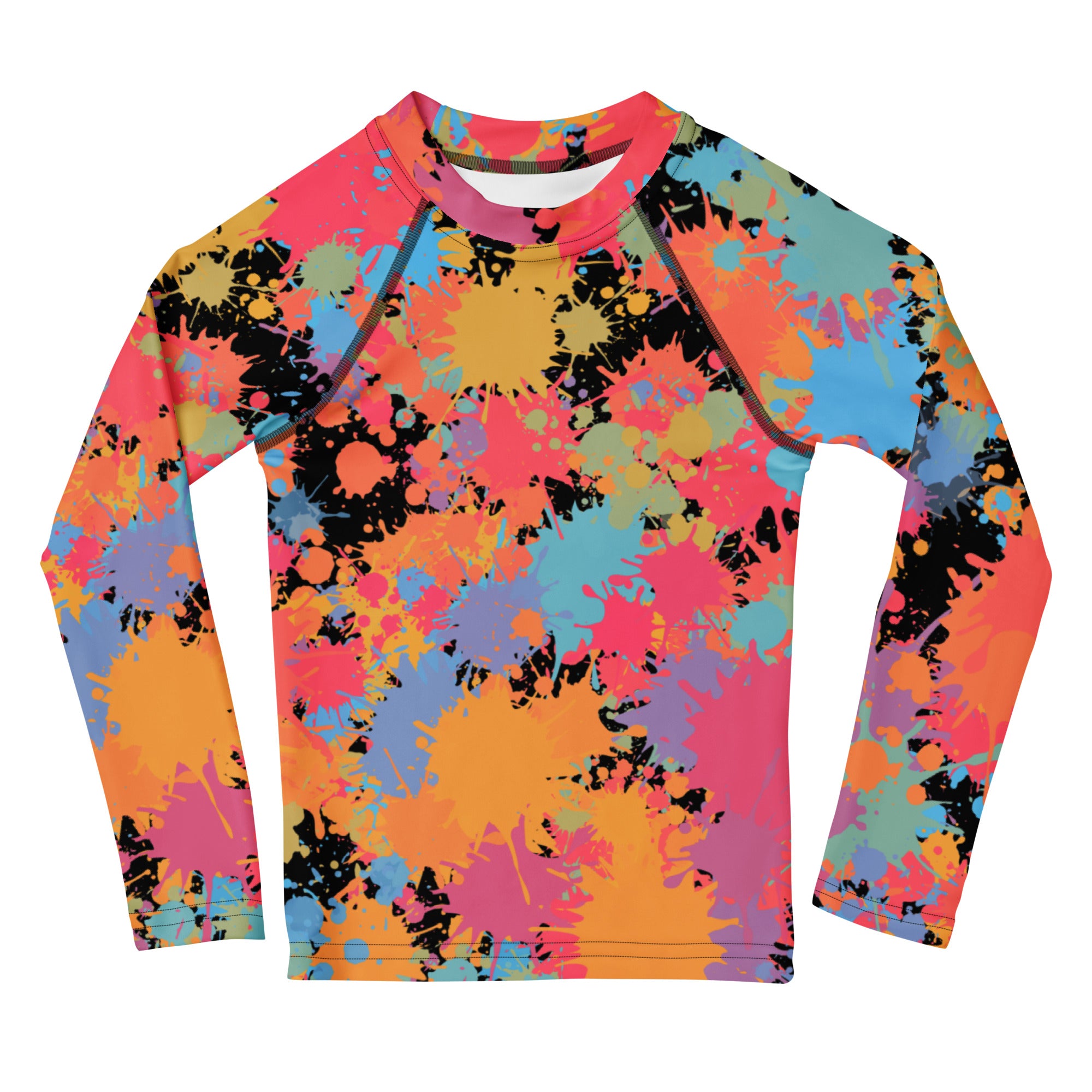 Vibrant kids paint splatter long sleeve rash guard swim shirt with upf 50 plus in pink orange blue and black colors