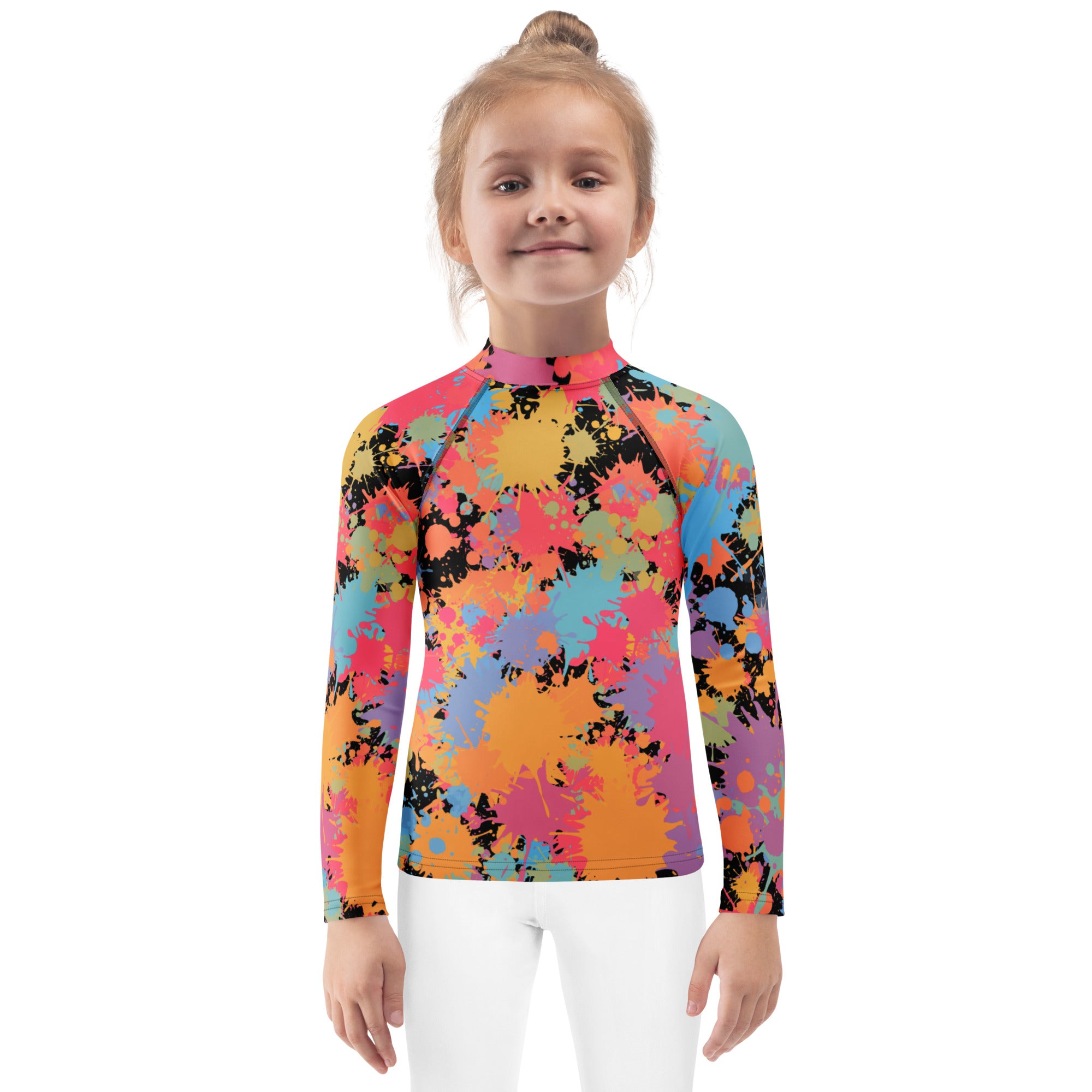 Kids paint splatter long sleeve rash guard swim shirt with UPF 50 plus featuring a vibrant rainbow design on black
