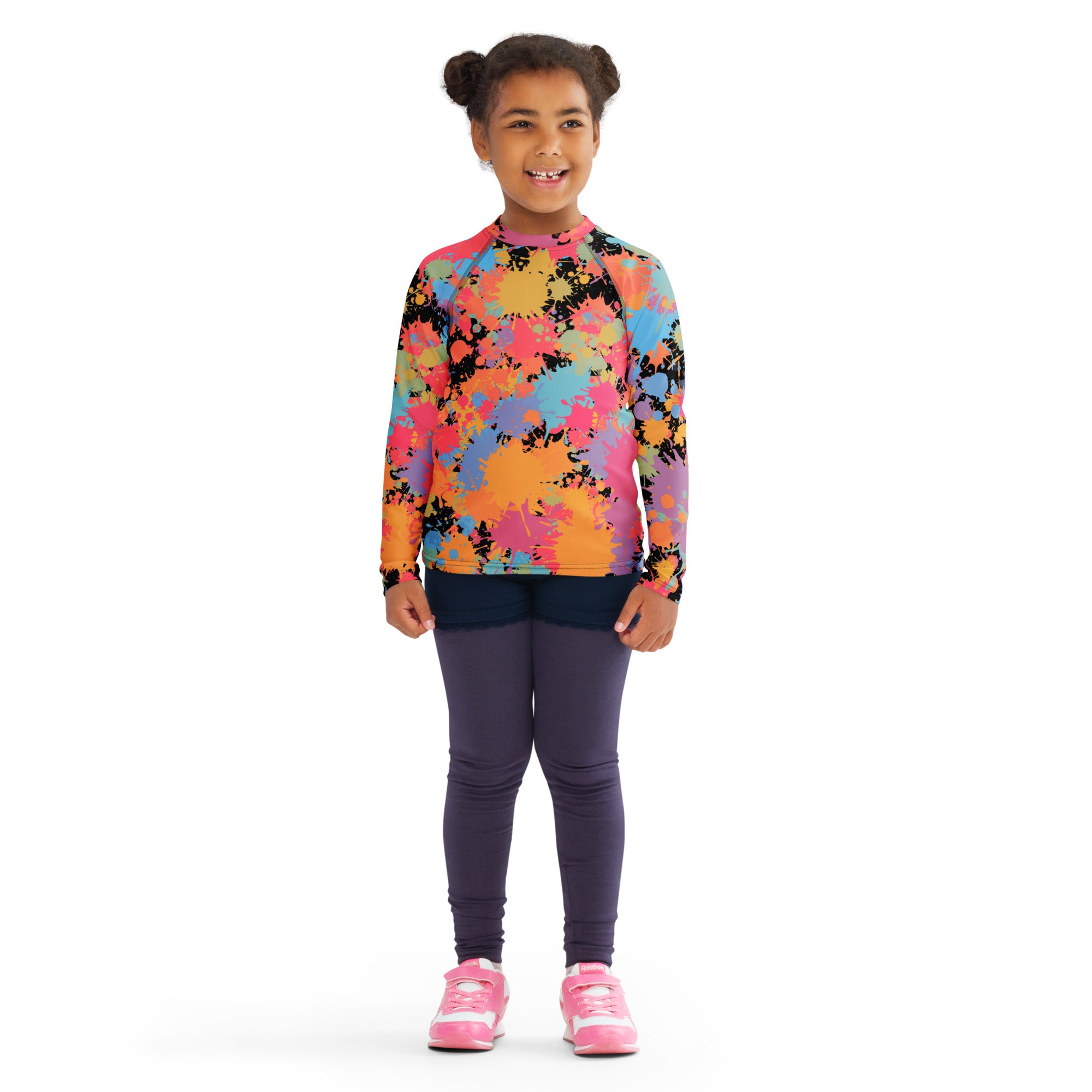 Kids paint splatter long sleeve rash guard swim shirt with upf 50 plus in colorful tie dye on black base