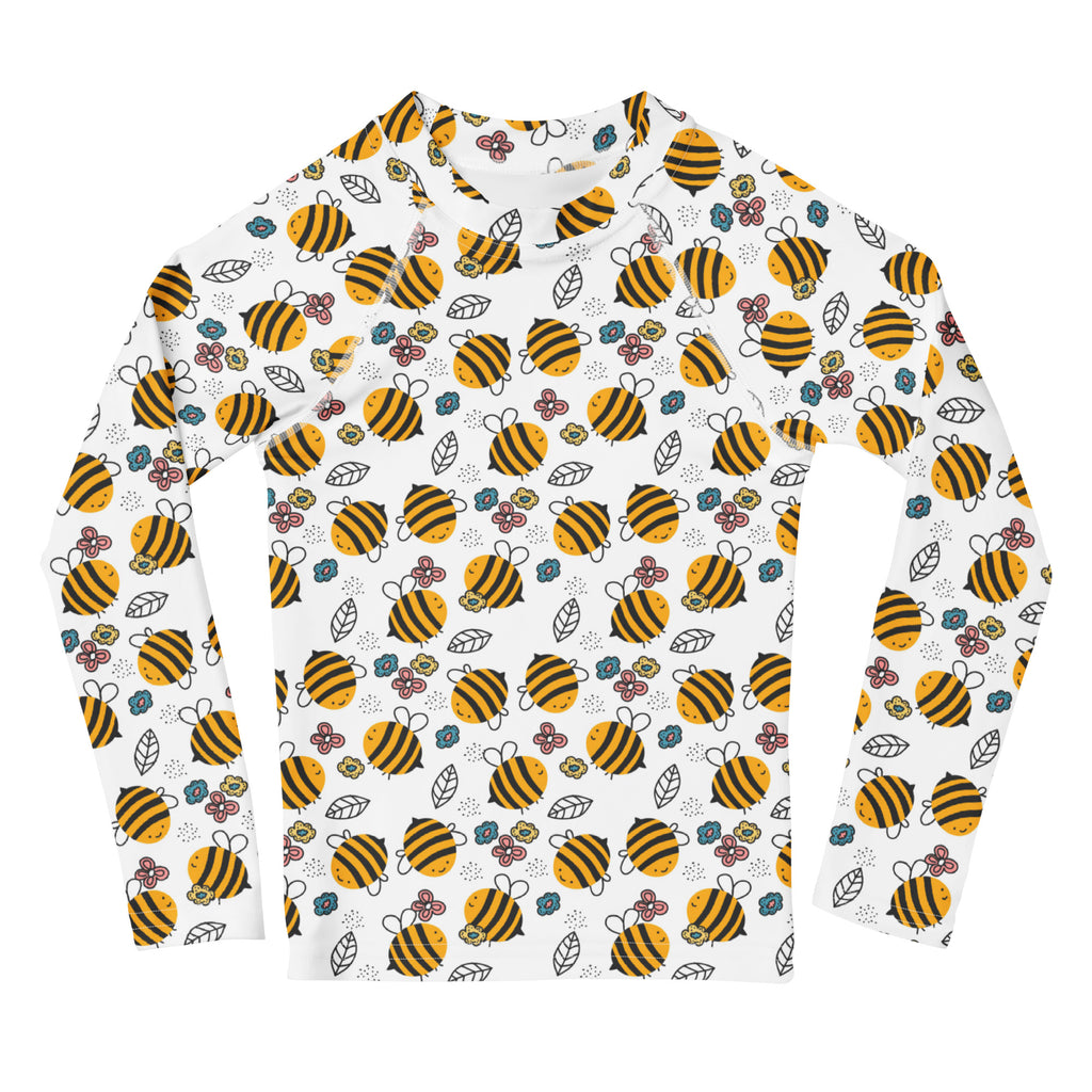 Kids floral yellow bumblebee long sleeve rash guard swim shirt with UPF 50 plus featuring bee and flower pattern