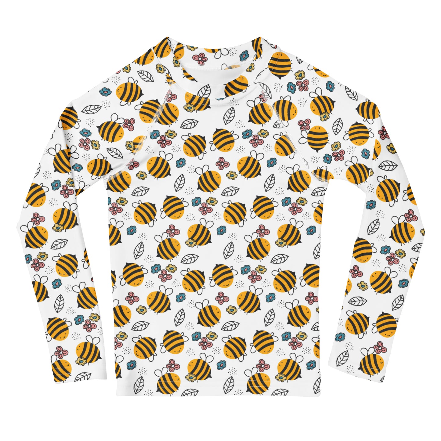 Kids Floral Yellow Bumblebee Long Sleeve Rash Guard Swim Shirt With UPF 50+