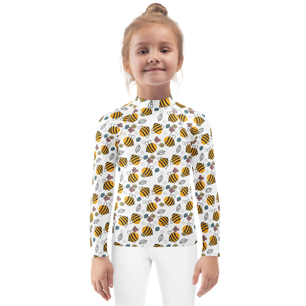 Kids floral yellow bumblebee long sleeve rash guard swim shirt with upf 50 white with bee leaf and flower pattern