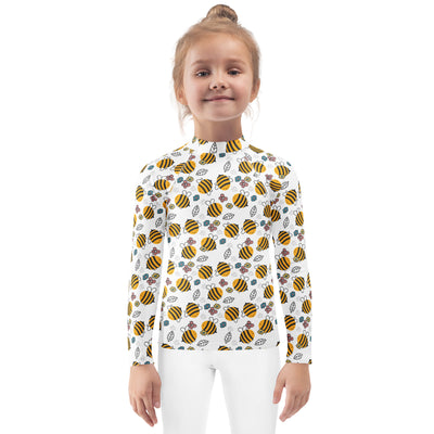 Kids floral yellow bumblebee long sleeve rash guard swim shirt with upf 50 white with bee leaf and flower pattern