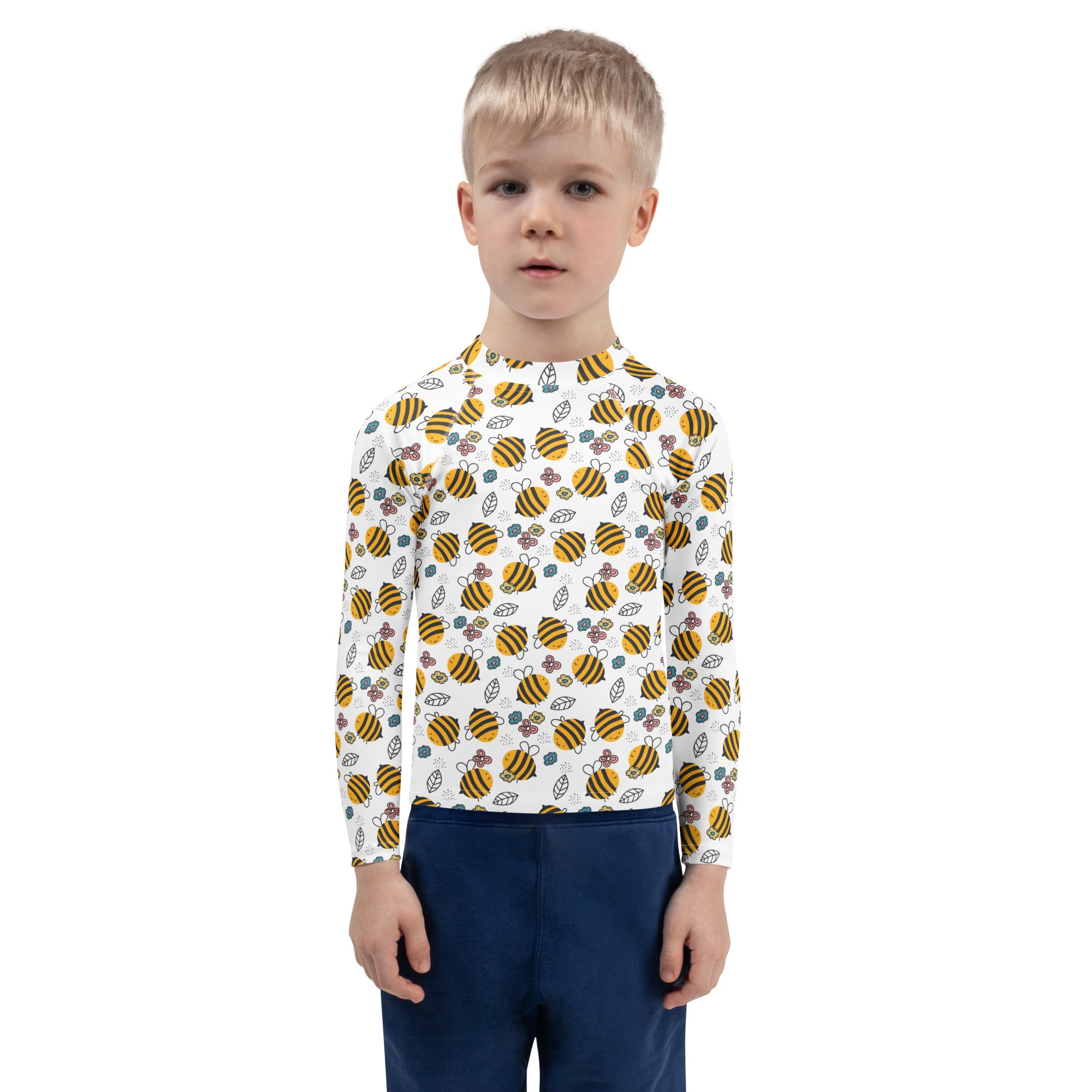 Kids white long sleeve rash guard swim shirt with yellow and black bumblebee and floral pattern and upf 50+ protection