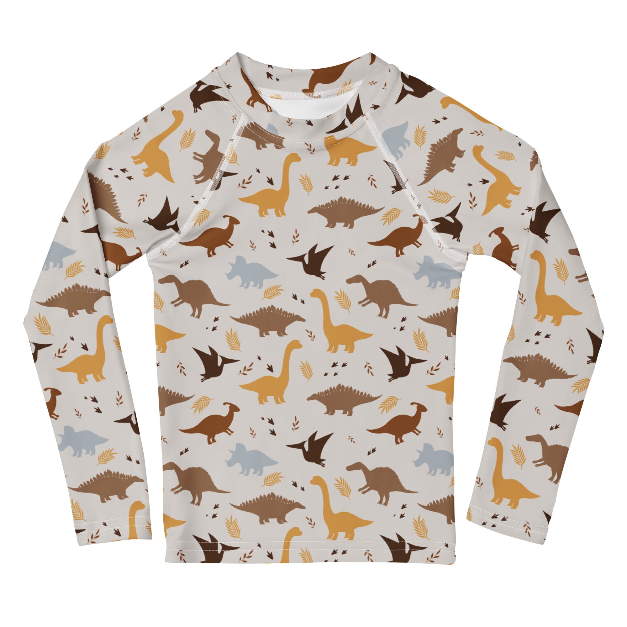 Kids dinosaur long sleeve rash guard swim shirt with UPF 50 plus featuring brown tan and gray dinosaur pattern on off-white