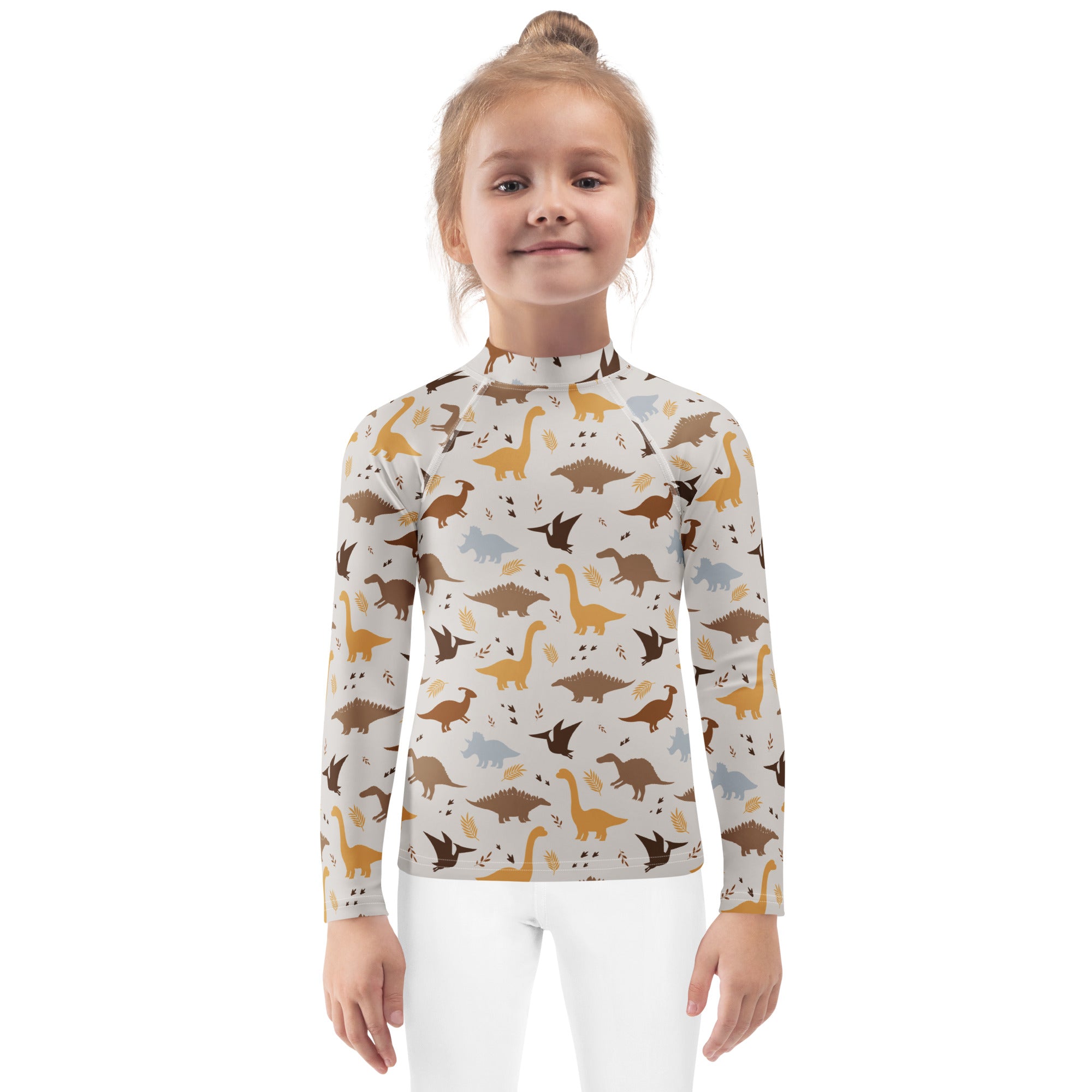 Kids dinosaur long sleeve rash guard swim shirt in light gray with cartoon dinosaurs and foliage print, UPF 50+ protection