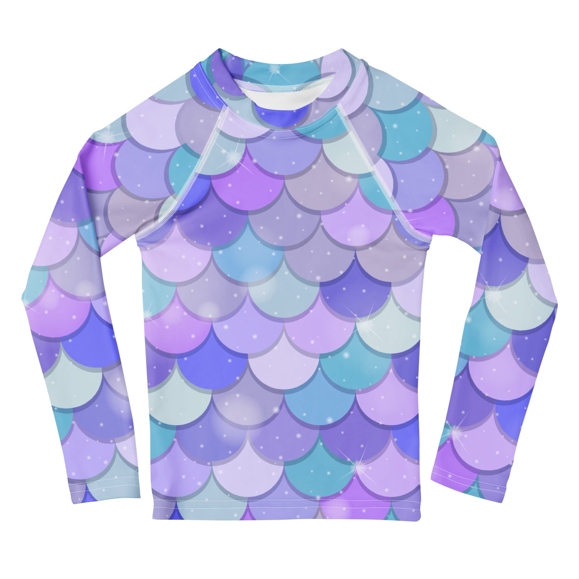 Girls purple mermaid scales long sleeve rash guard swim shirt with vibrant iridescent purple blue glitter pattern and UPF 50+
