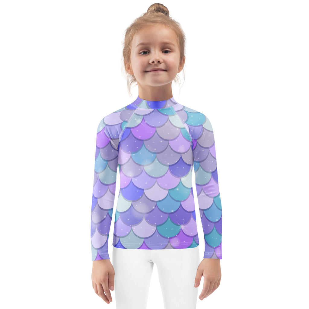 Girls purple long sleeve rash guard swim shirt with vibrant iridescent mermaid scale pattern and UPF 50+ protection