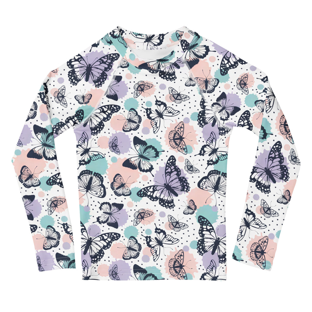 Girls butterfly long sleeve rash guard swim shirt with upf 50 featuring black and purple butterflies on white background