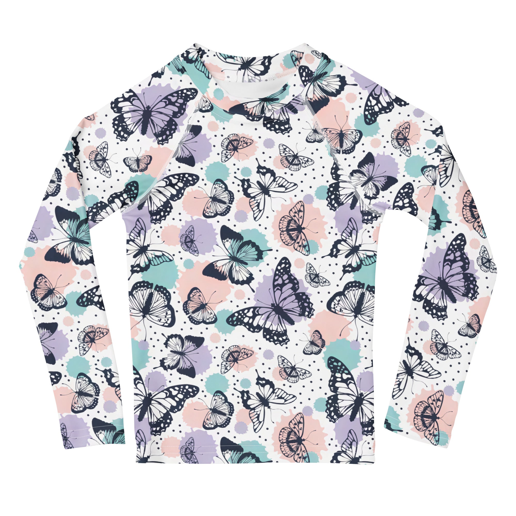 Girls butterfly long sleeve rash guard swim shirt with upf 50 featuring black and purple butterflies on white background