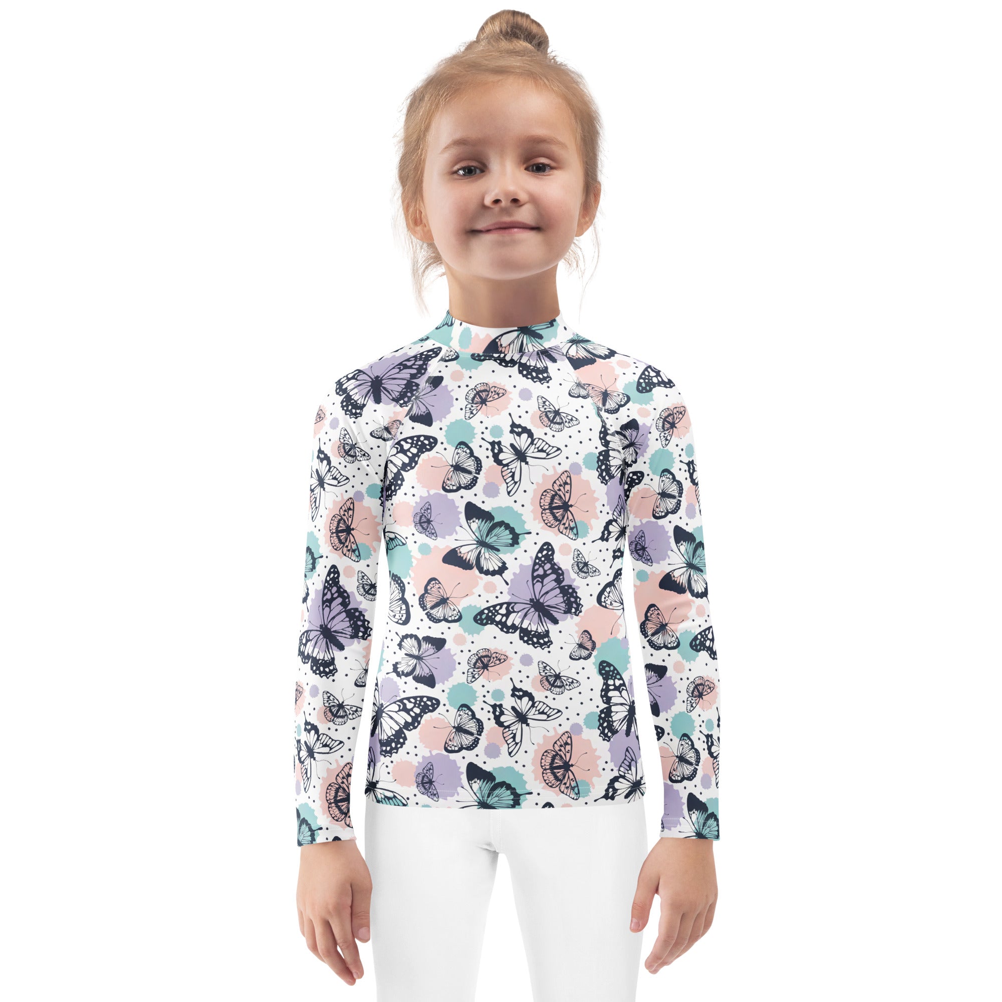 Girls butterfly long sleeve rash guard swim shirt with upf 50 plus featuring pastel butterfly pattern on white background