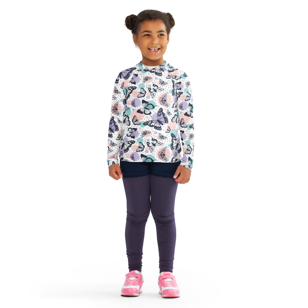 Girls butterfly long sleeve rash guard swim shirt with upf 50 plus featuring pastel butterfly print on white background