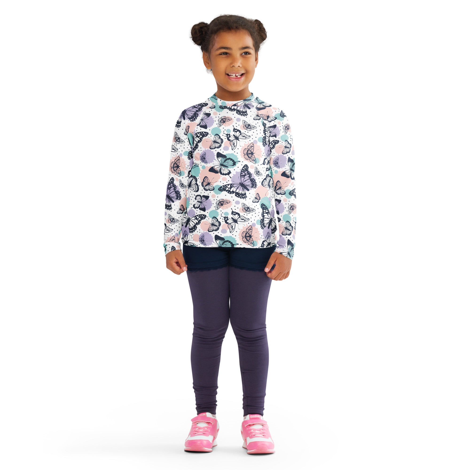 Girls butterfly long sleeve rash guard swim shirt with upf 50 plus featuring pastel butterfly print on white background