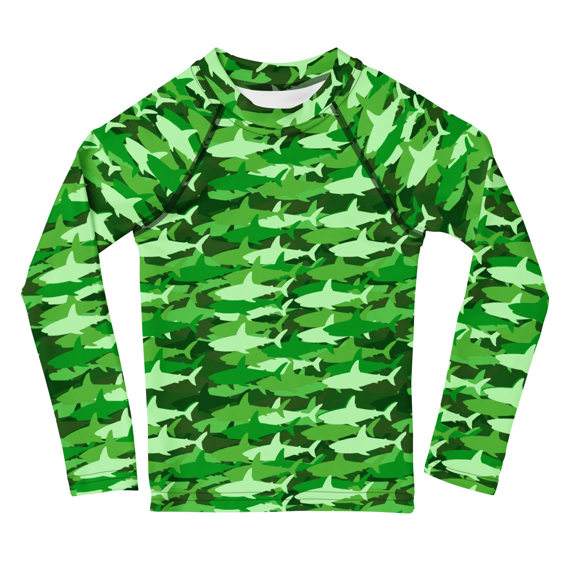 Kids green shark long sleeve rash guard swim shirt with vibrant green camouflage shark pattern and upf 50 plus protection