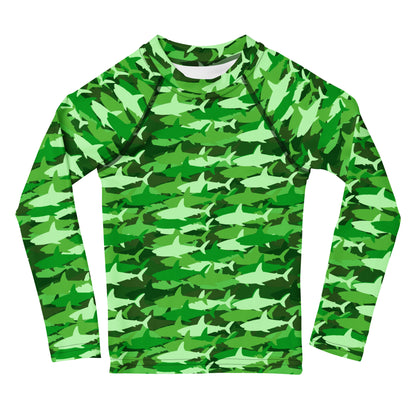 Kids Green Shark Long Sleeve Rash Guard Swim Shirt With UPF 50+