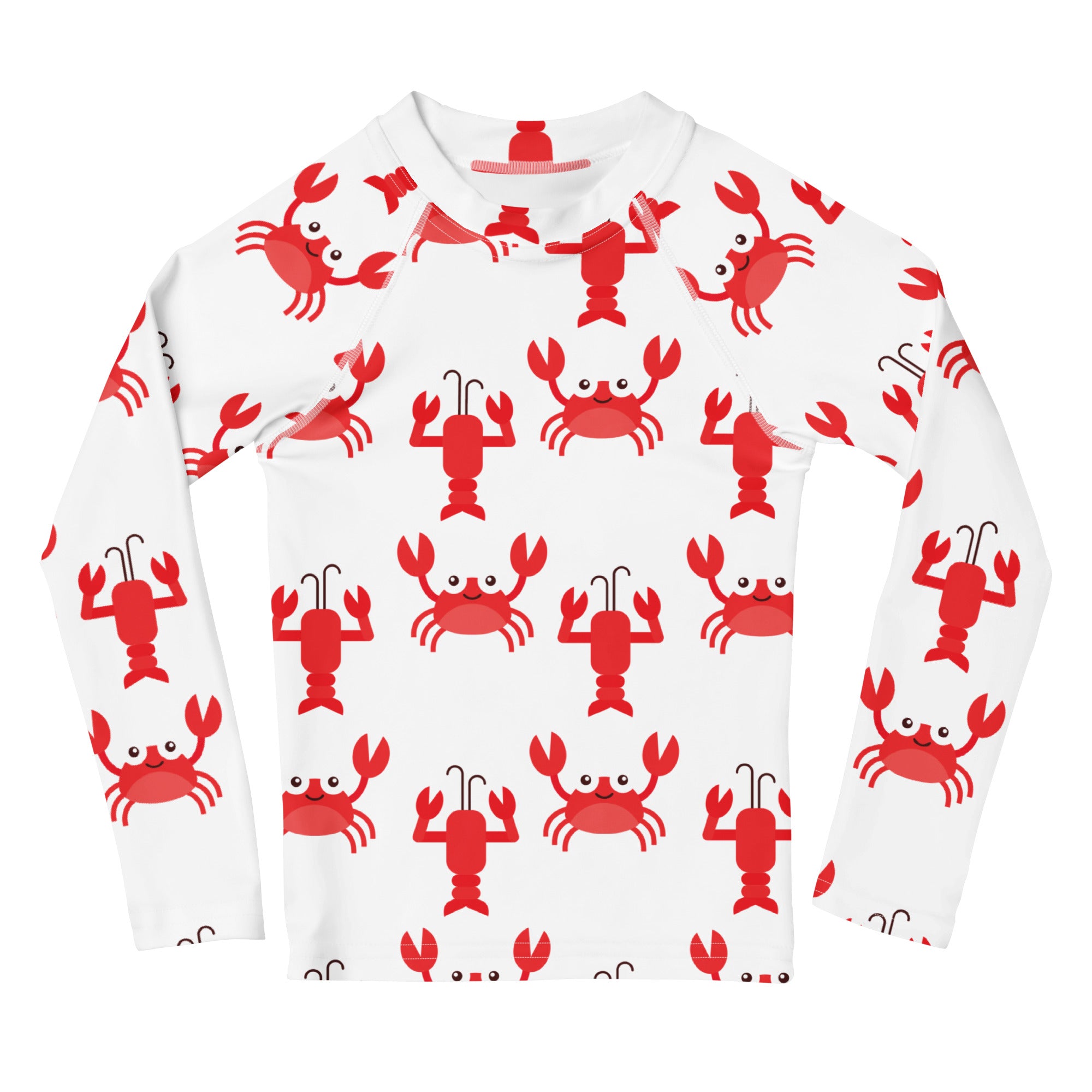 White long sleeve rash guard for kids with red crab and lobster pattern and upf 50+ sun protection swim shirt