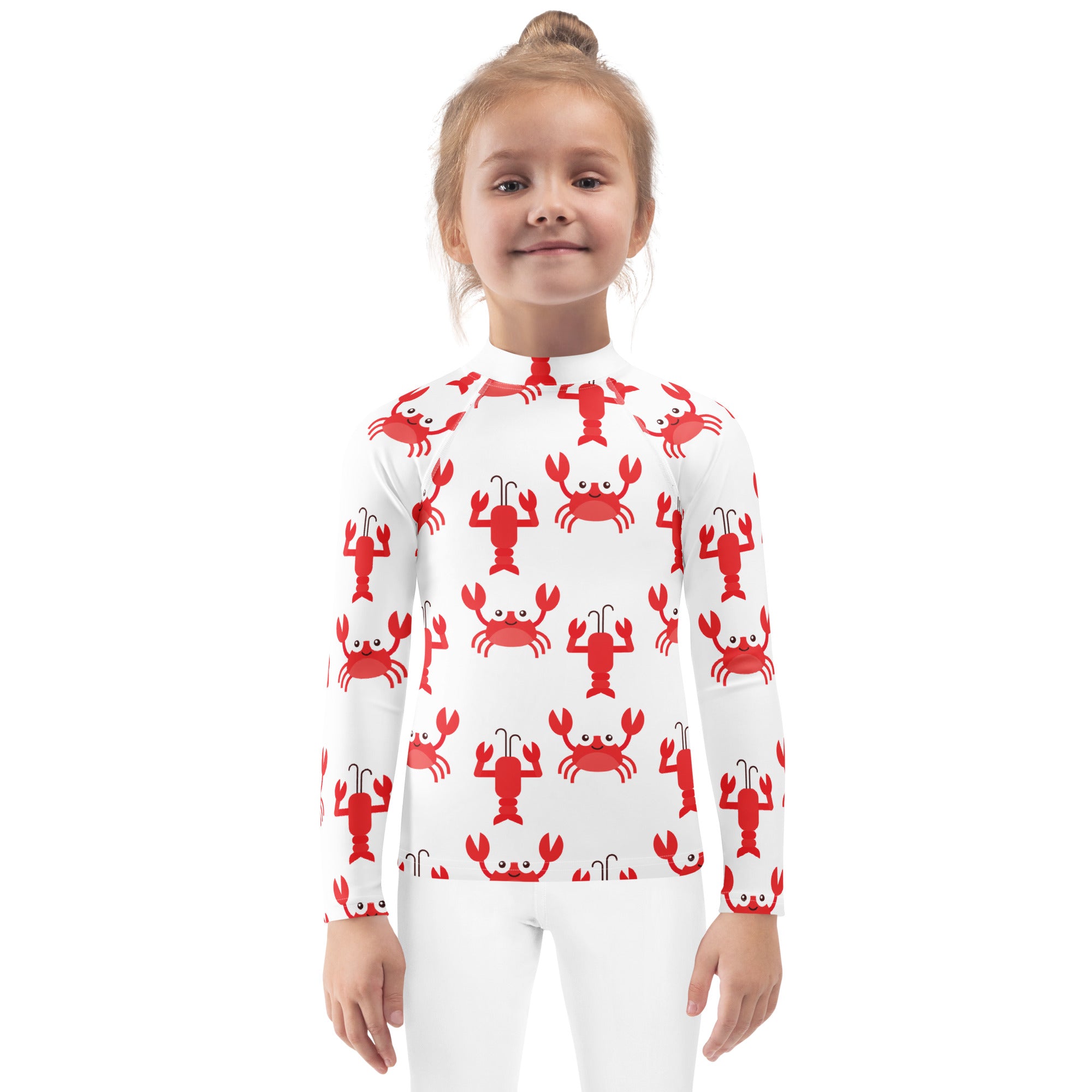 Kids red crab and lobster long sleeve rash guard swim shirt with upf 50 white with red cartoon lobster and crab prints
