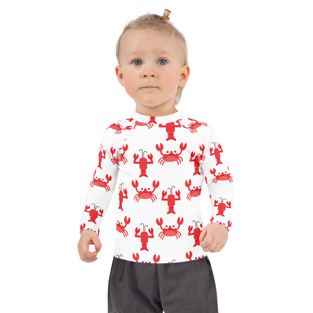 Kids white long sleeve rash guard swim shirt with red crab pattern and upf 50 plus sun protection for swimming