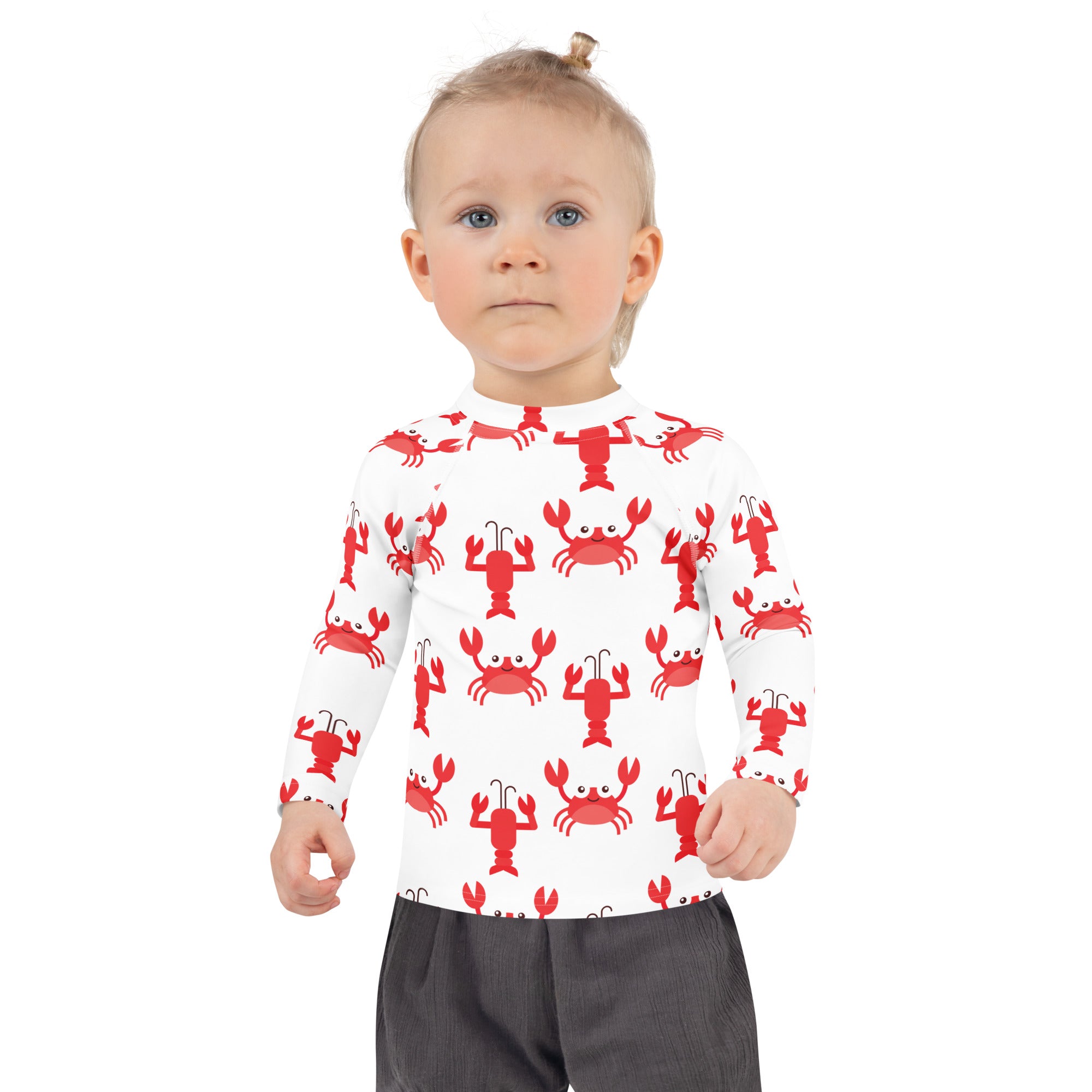 Kids white long sleeve rash guard swim shirt with red crab pattern and upf 50 plus sun protection for swimming