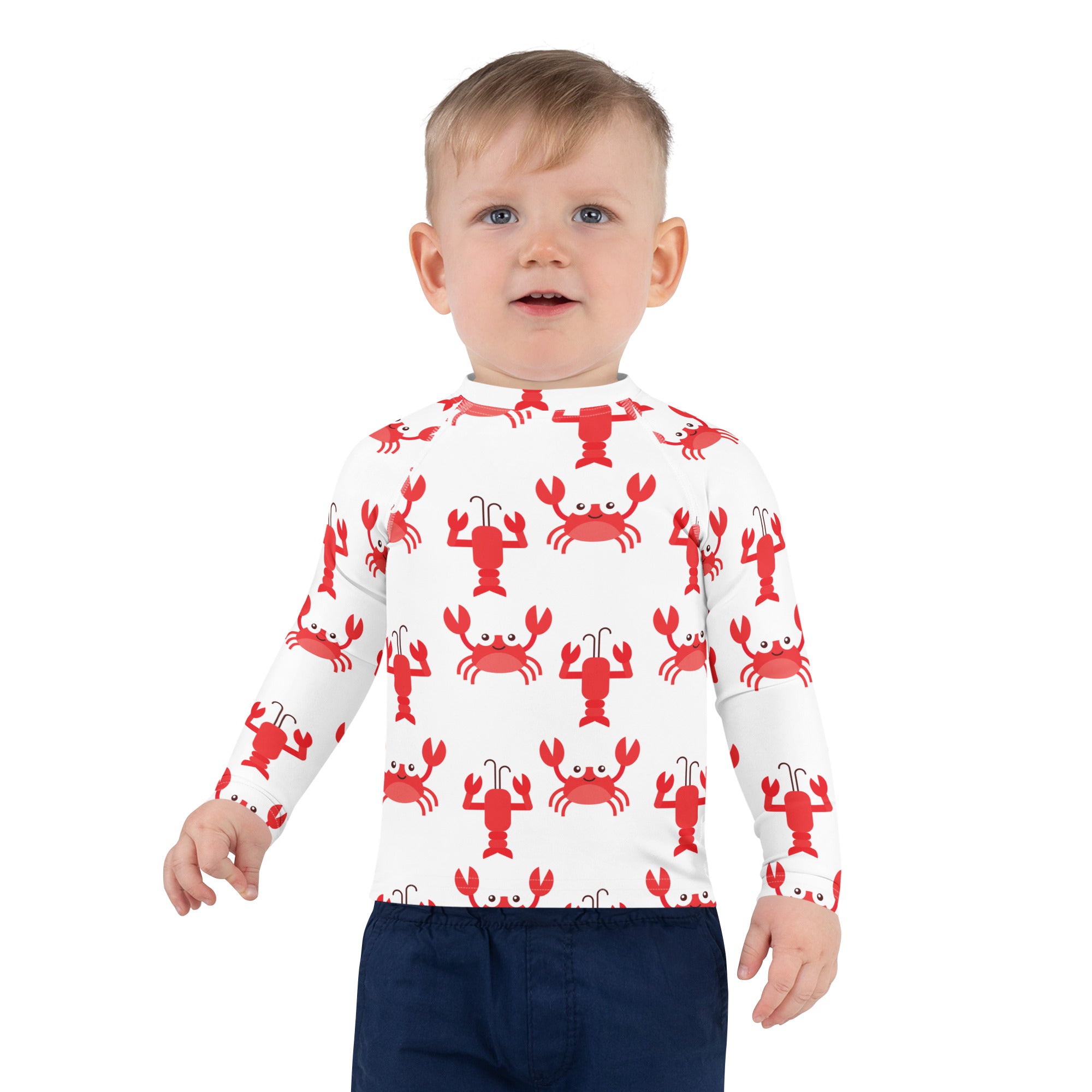 White long sleeve kids rash guard shirt with red crab and lobster prints and upf 50 plus for sun protection
