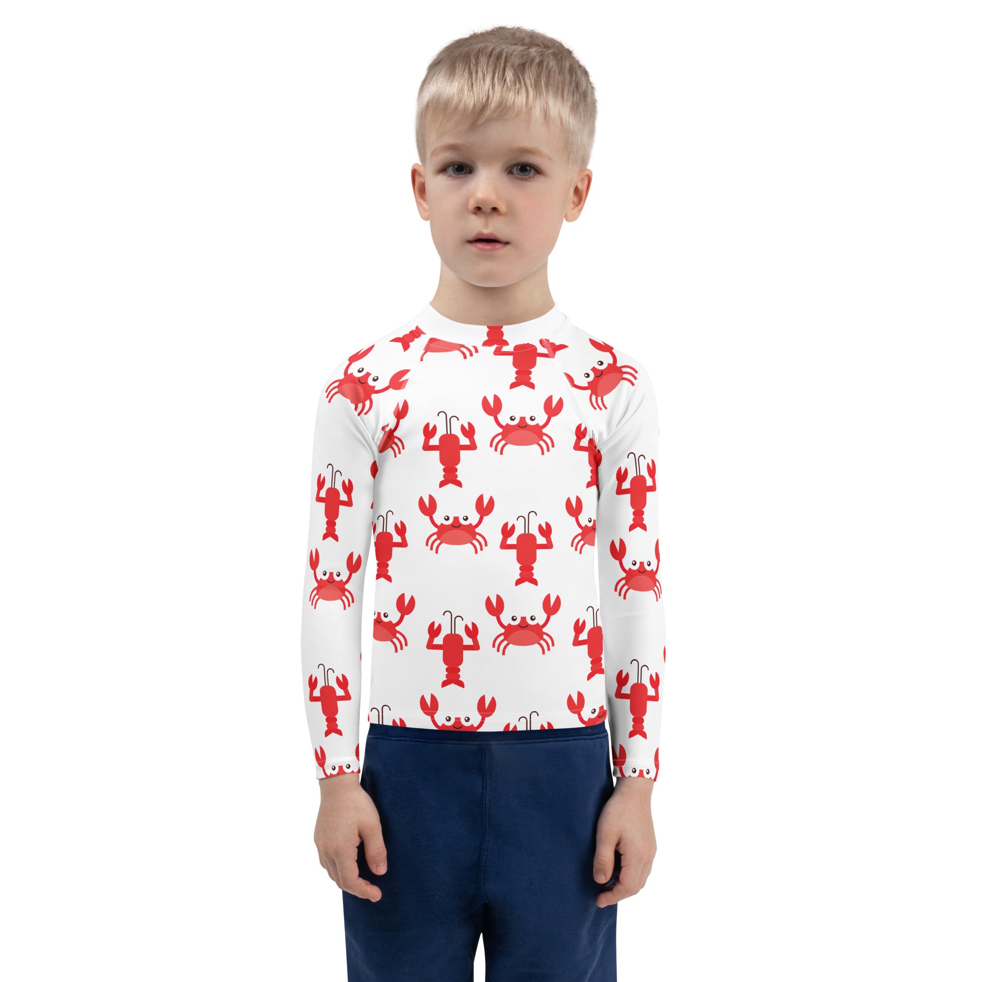 Kids white long sleeve rash guard swim shirt with red lobster pattern and UPF 50 plus sun protection
