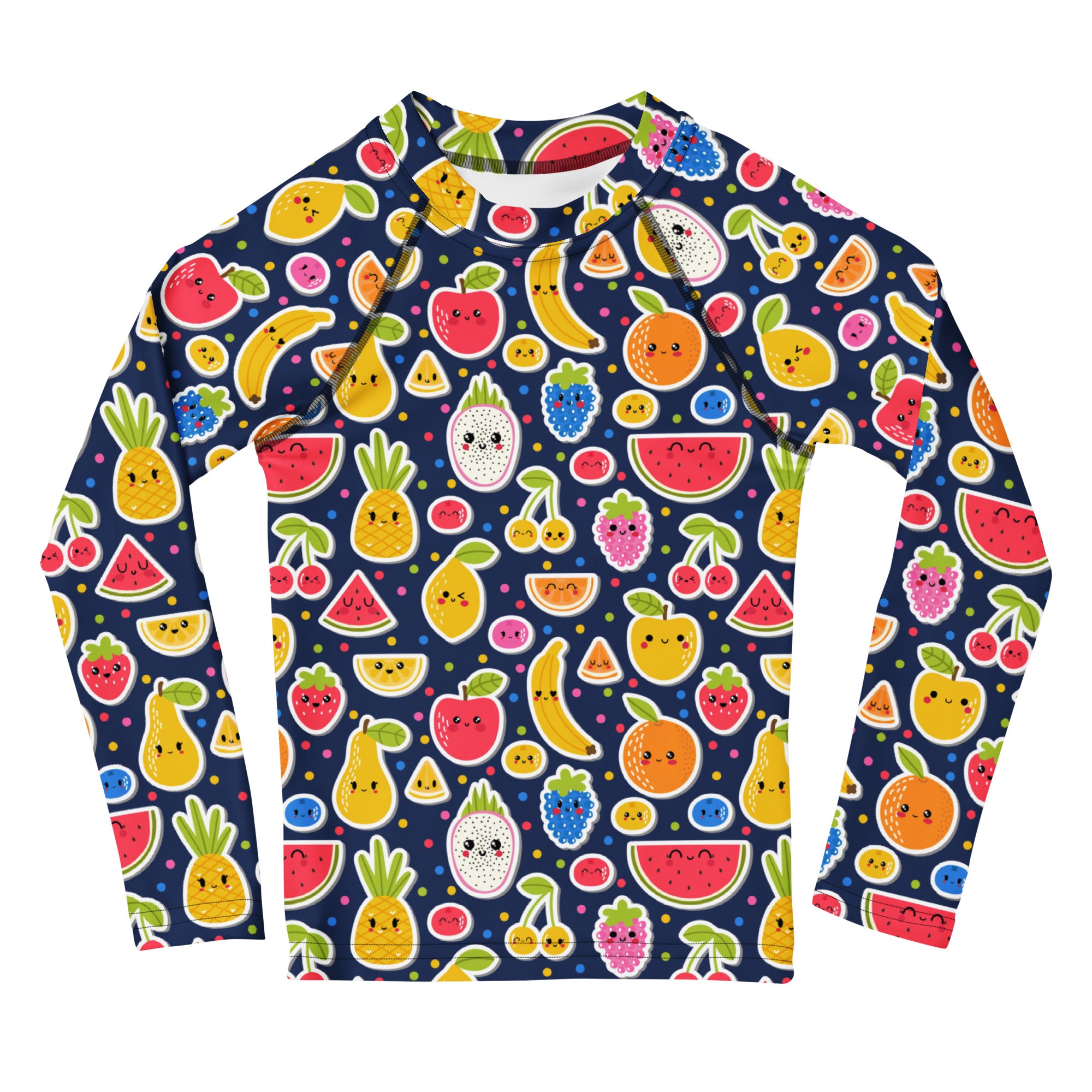 A navy blue kids emoji fruit long sleeve rash guard swim shirt with playful cartoon fruit print and UPF 50 plus protection