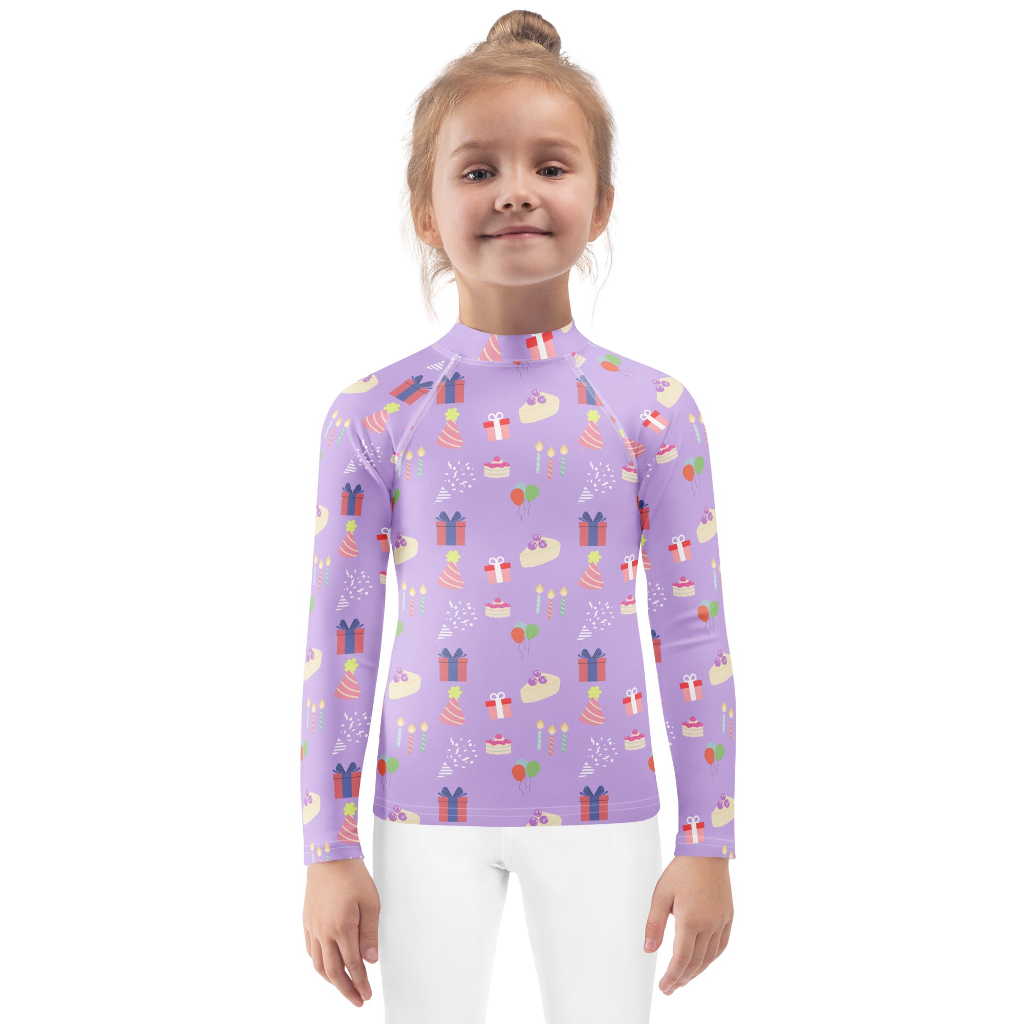 Girls purple long sleeve rash guard swim shirt with birthday cake pattern and UPF 50 plus sun protection