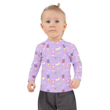 Girls Purple Birthday Pattern Long Sleeve Rash Guard Swim Shirt With UPF 50+