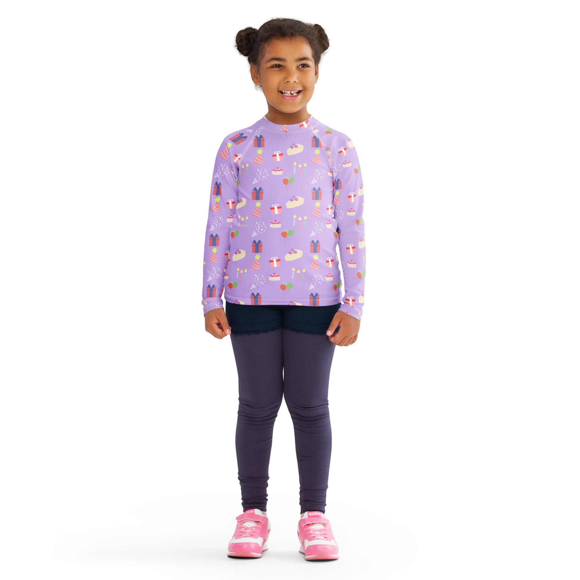 Girls purple long sleeve rash guard swim shirt with birthday pattern and UPF 50 plus for sun protection
