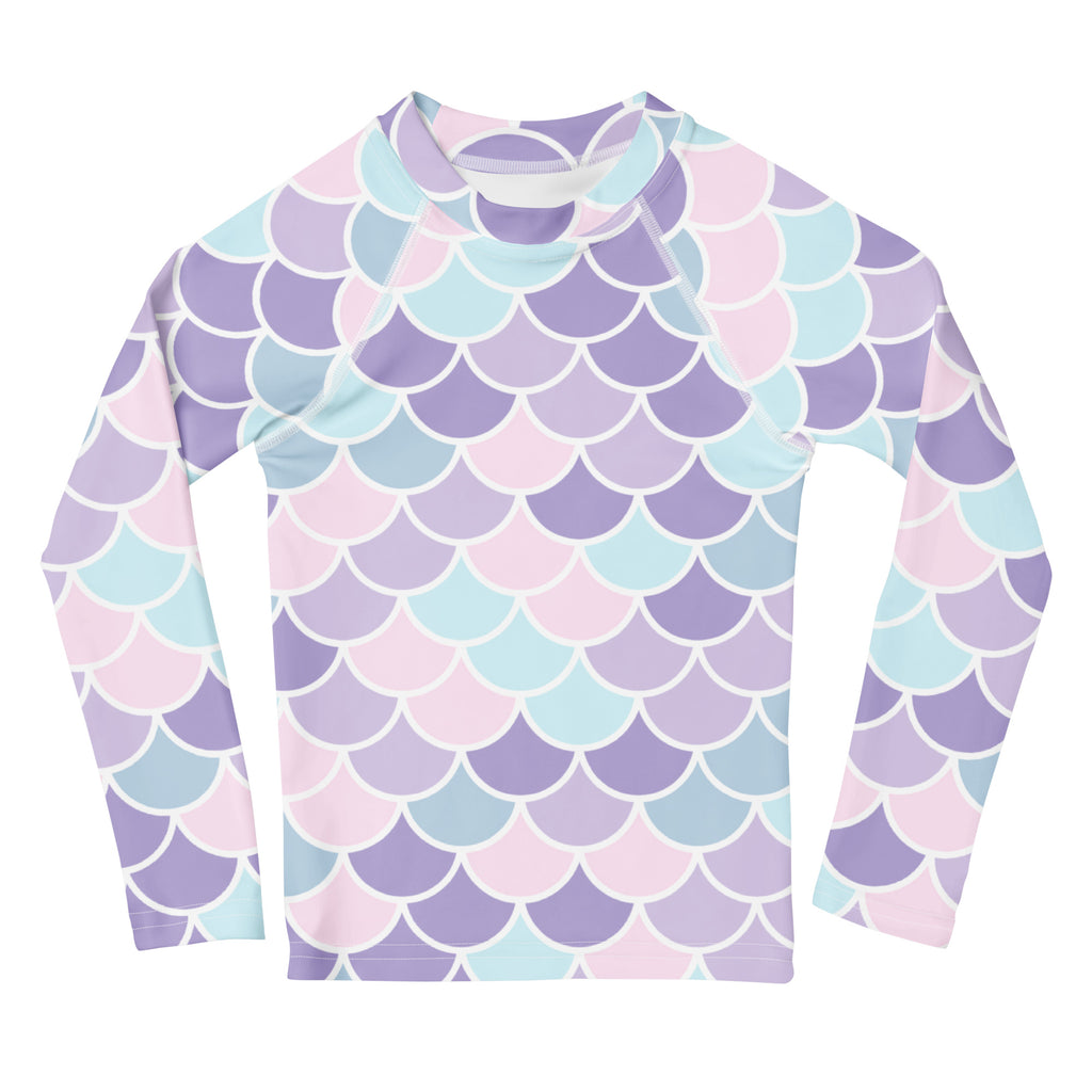 Girls mermaid scale long sleeve rash guard swim shirt with UPF 50 plus in pastel lavender blue and pink colors