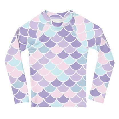 Girls Mermaid Scale Long Sleeve Rash Guard Swim Shirt With UPF 50+