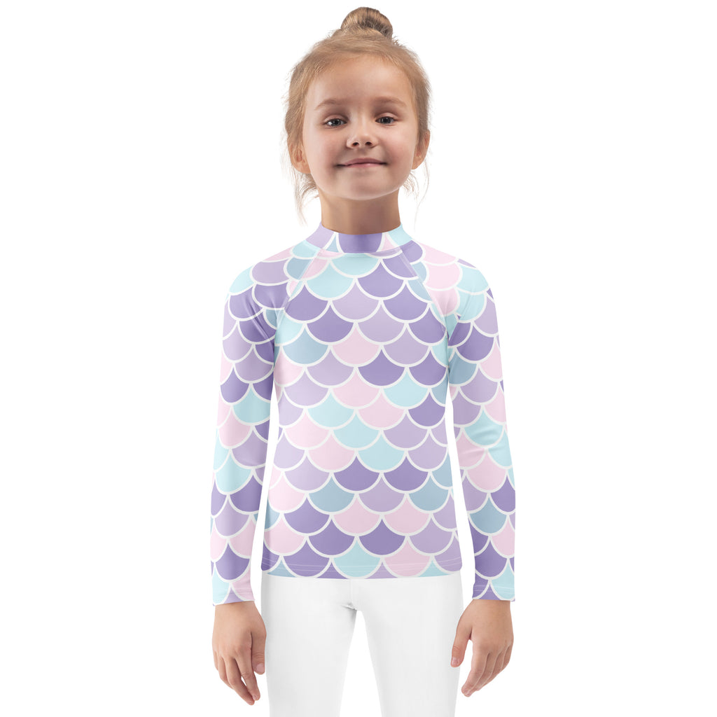 Girls mermaid scale long sleeve rash guard swim shirt with upf 50 plus in pastel lavender mint green and blush pink