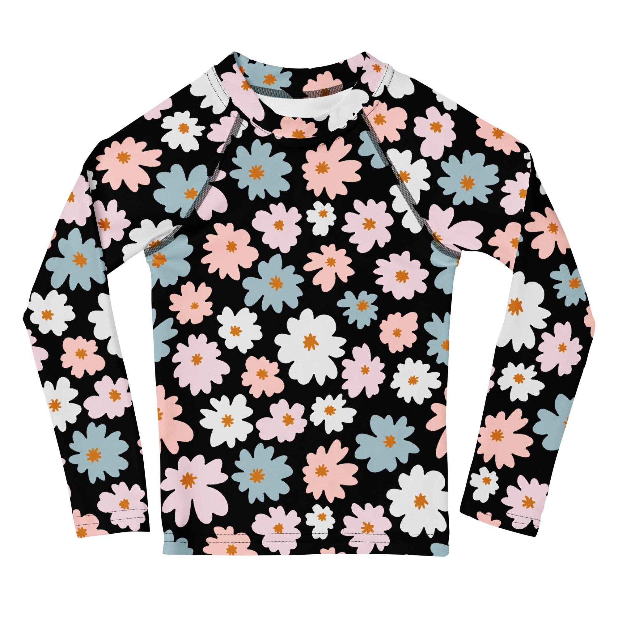 Black girls long sleeve rash guard swim shirt with vibrant pink white blue flower pattern and UPF 50 plus protection
