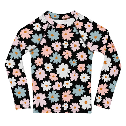 Girls Flower Scale Long Sleeve Rash Guard Swim Shirt With UPF 50+