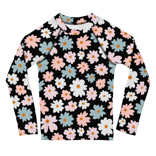 Black girls long sleeve rash guard swim shirt with vibrant pink white blue flower pattern and UPF 50 plus protection